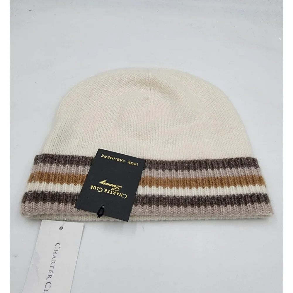 Charter Club Cashmere Stripe Cuffed Beanie Women's One Size Warm Praline